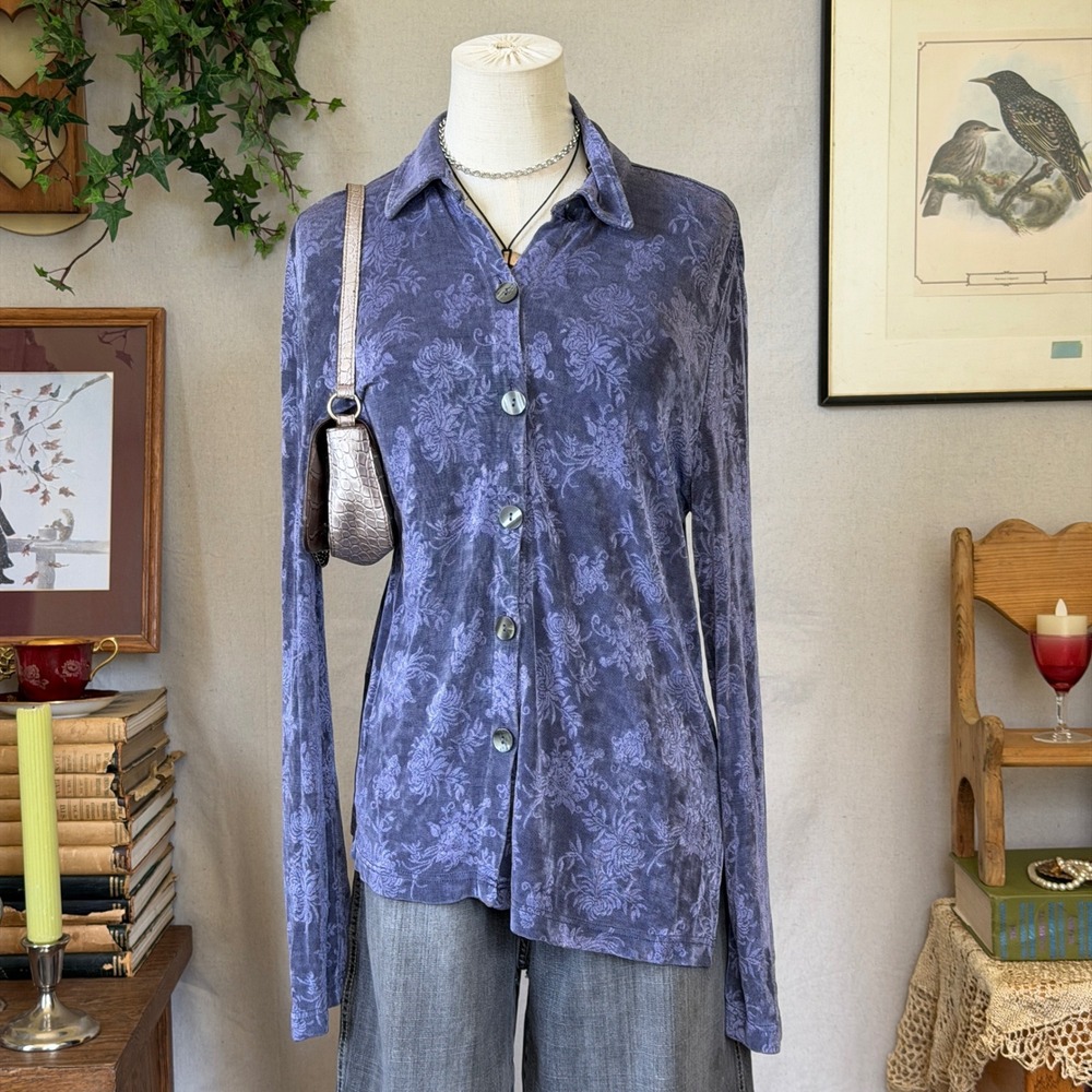 Purple Floral Long Sleeve Button Down Tunic Blouse Whimsigoth Vintage M Slinky